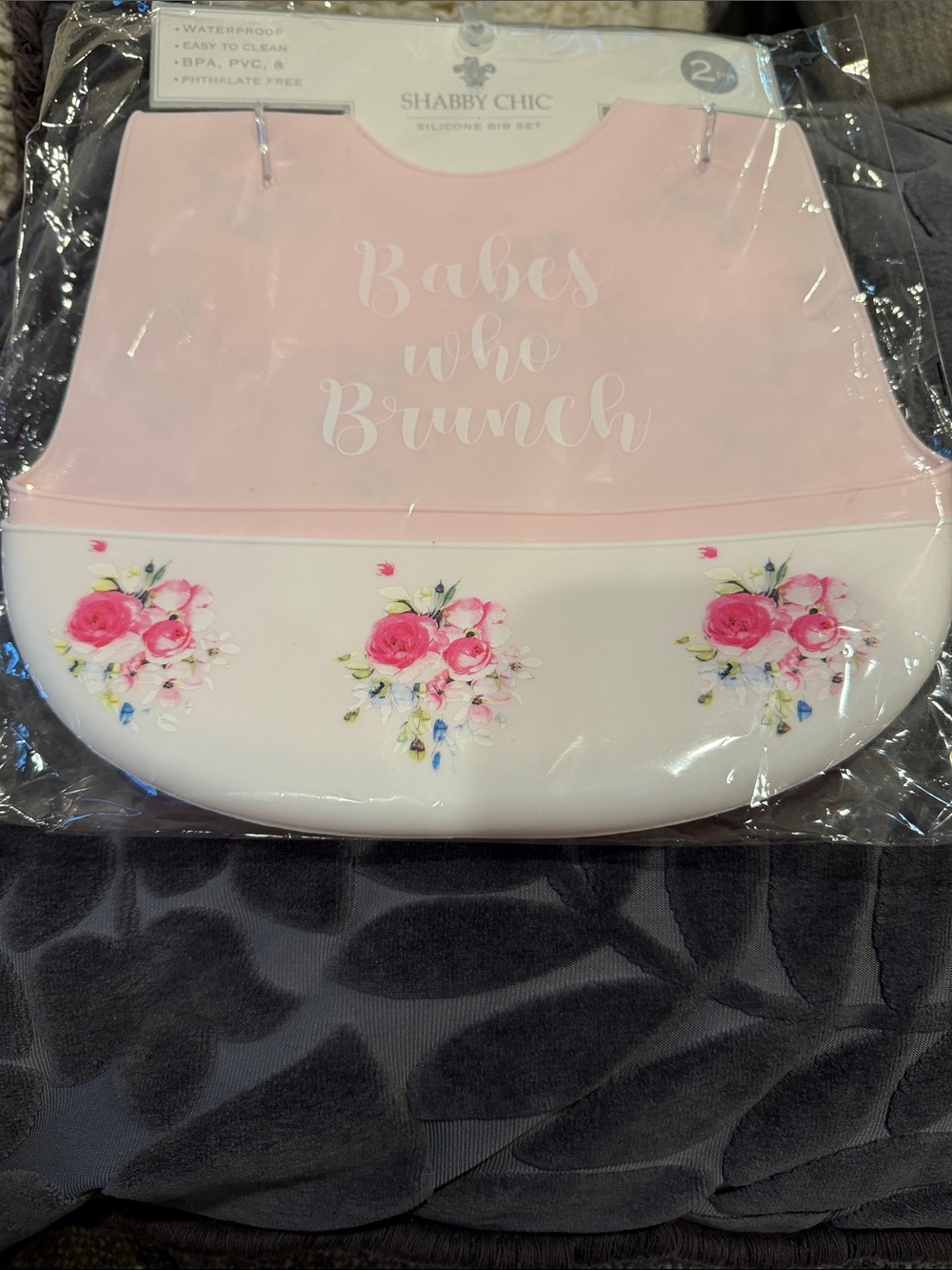 Shabby Chic Pink & White Silicone Bib with Floral Print - Babes Who Brunch
